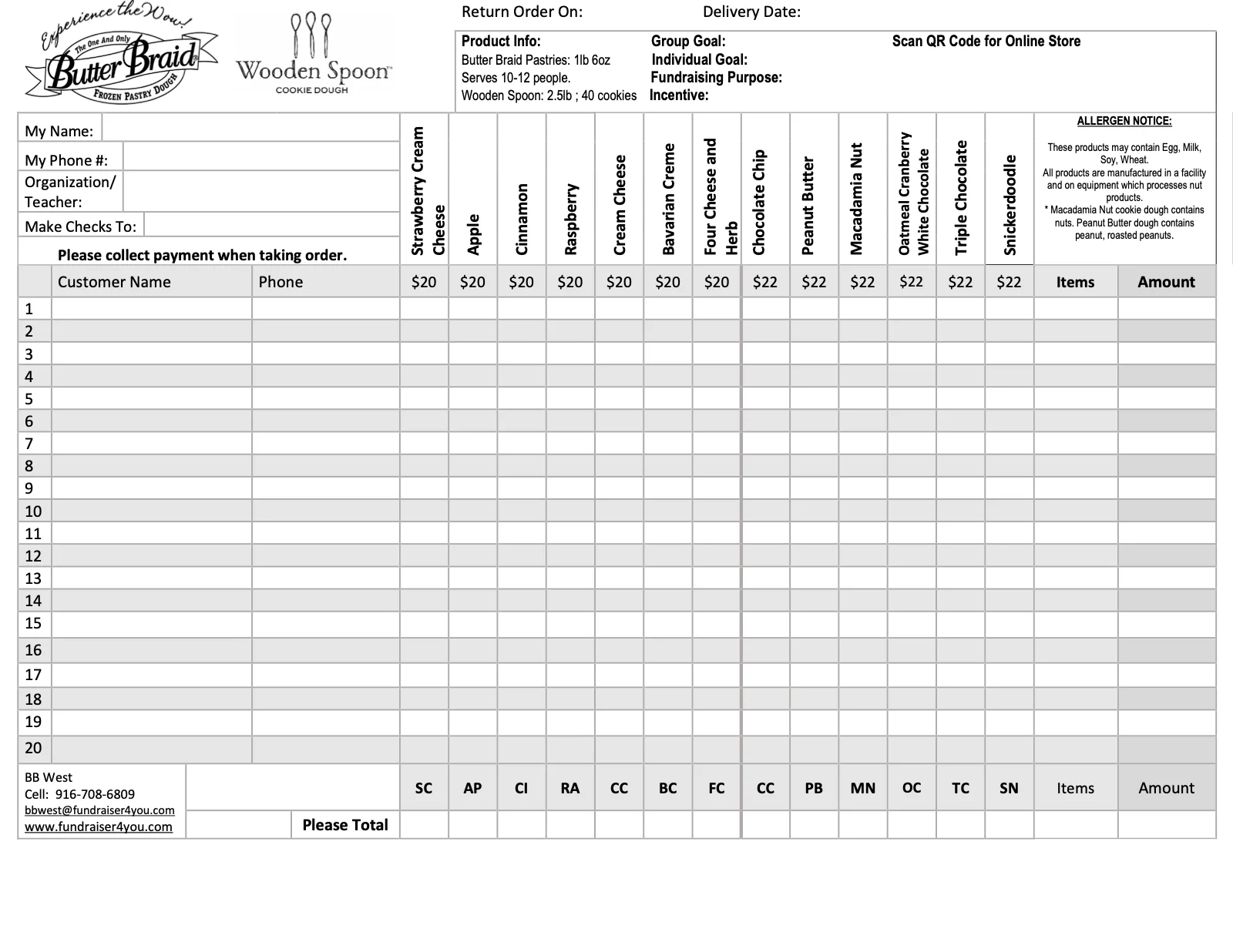 Butter Braid and Wooden Spoon 2026 order form, back (prices)
